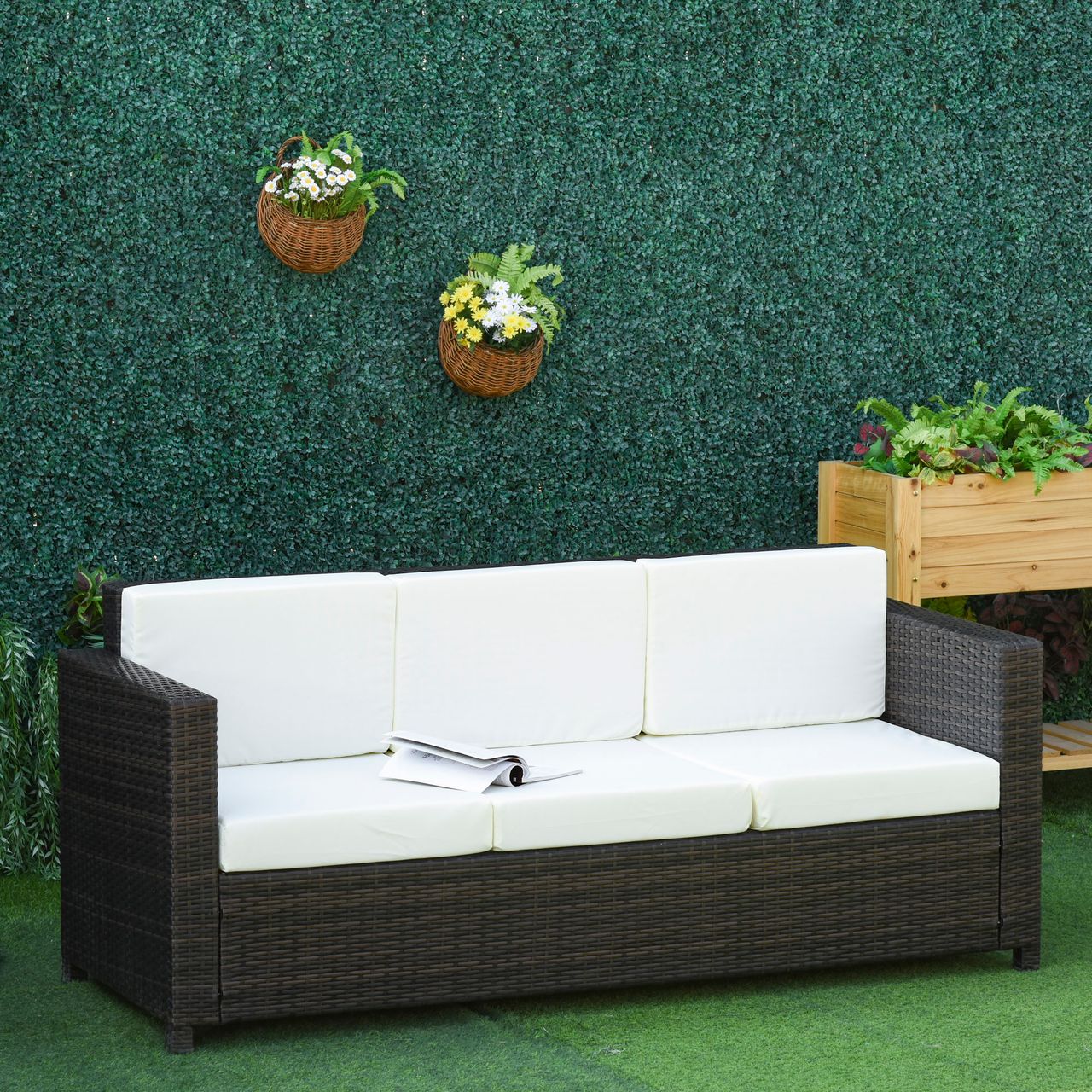 Outsunny Poly-Rattan Sofa mit Kissen 3-Sitzer Garten Loungesofa Polyester Braun