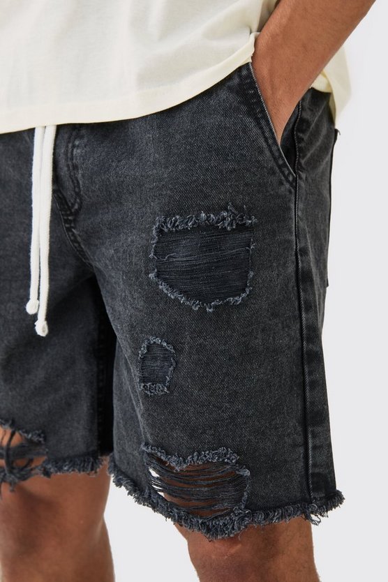 Lockere zerrissene Jeansshorts mit elastischem Bund in gewaschenem Schwarz