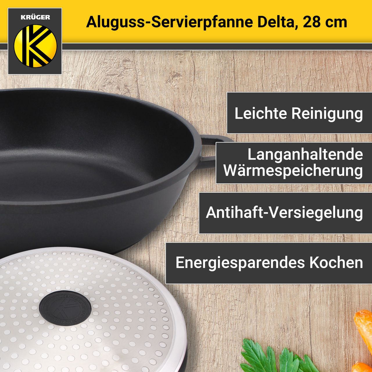 Karl Krüger Aluguss Servierpfanne DELTA rund mit Deckel, 28 cm