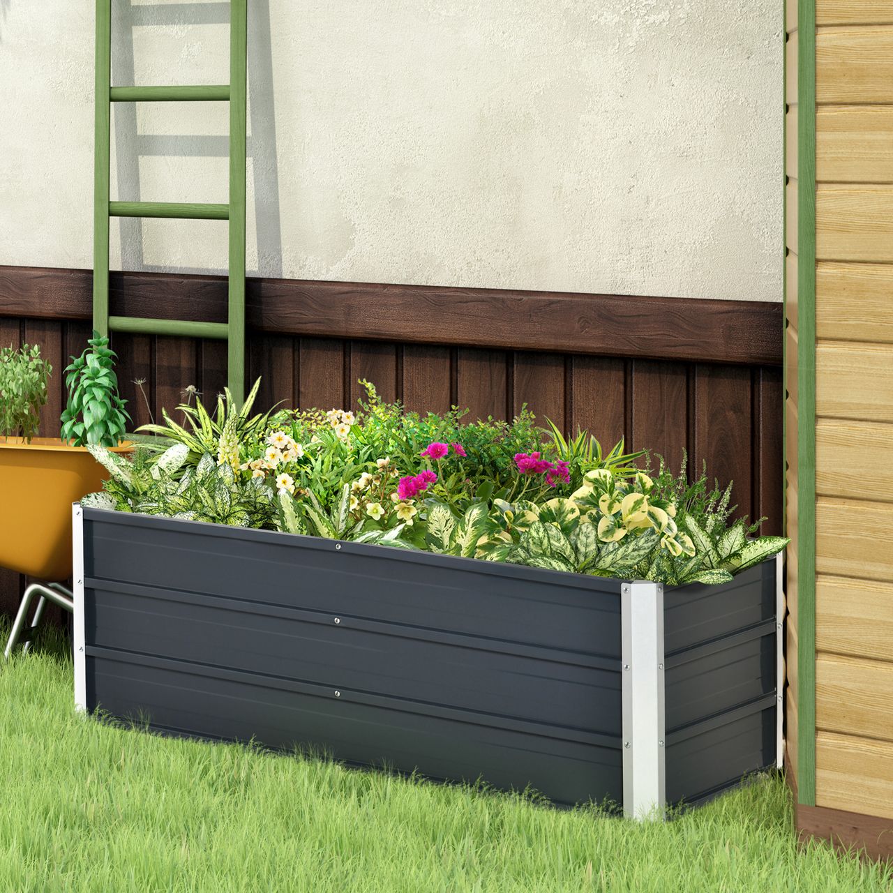 Outsunny Hochbeet aus Stahl Gartenbeet Pflanzkasten Blumenkasten Blumenkübel mit Handschuhe Dunkelgrau 125 x 47 x 40 cm