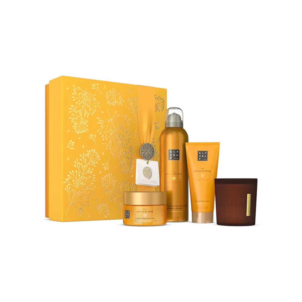 Coffret cadeau Le Rituel de Mehr M : gel douche moussant 200 ml, crème pour le corps 100 ml, gommage corporel 125 g, bougie parfumée 140 g