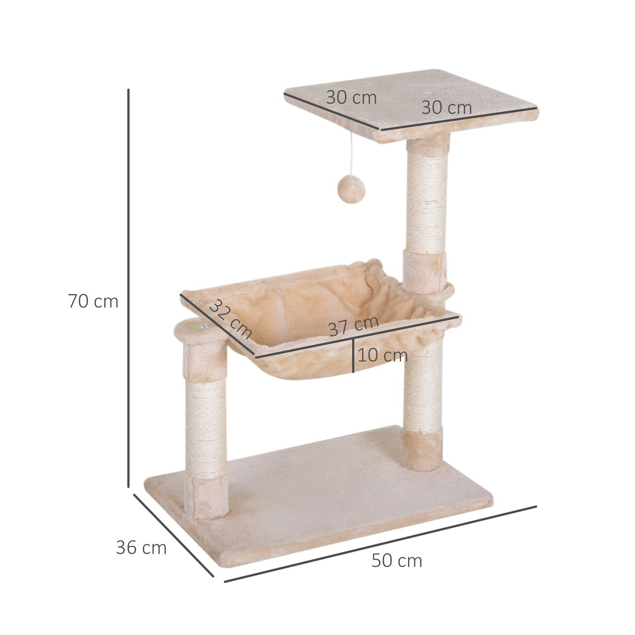 PawHut Kletterbaum Katzenbaum Kratzbaum mit Sisalsäule Plüsch-Hängematte Spanplatte Beige 50 x 36 x 70 cm