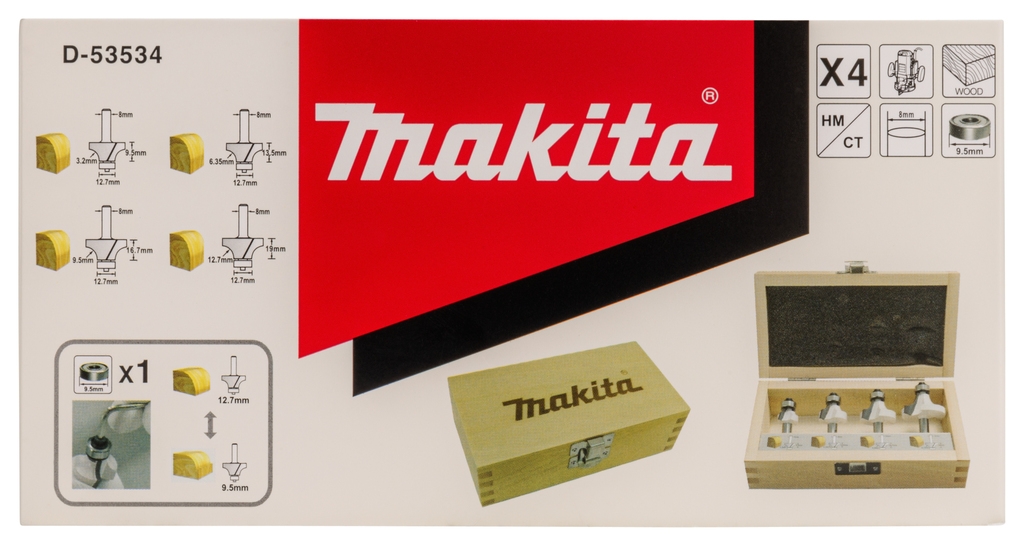 Makita Accessories D-53534 Router bit rounding cutter with ball bearing, shank diameter 8 mm, 4-piece, in wooden case