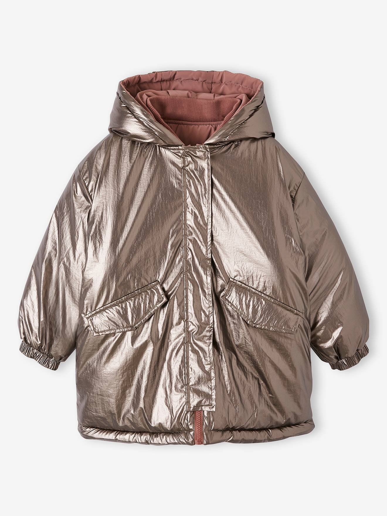 Parka à capuche réversible effet métallisé ou doudoune fille argent