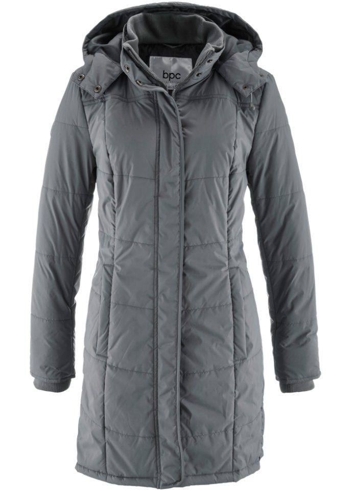 Long-Steppjacke, wattiert mit Kragen und Kapuze