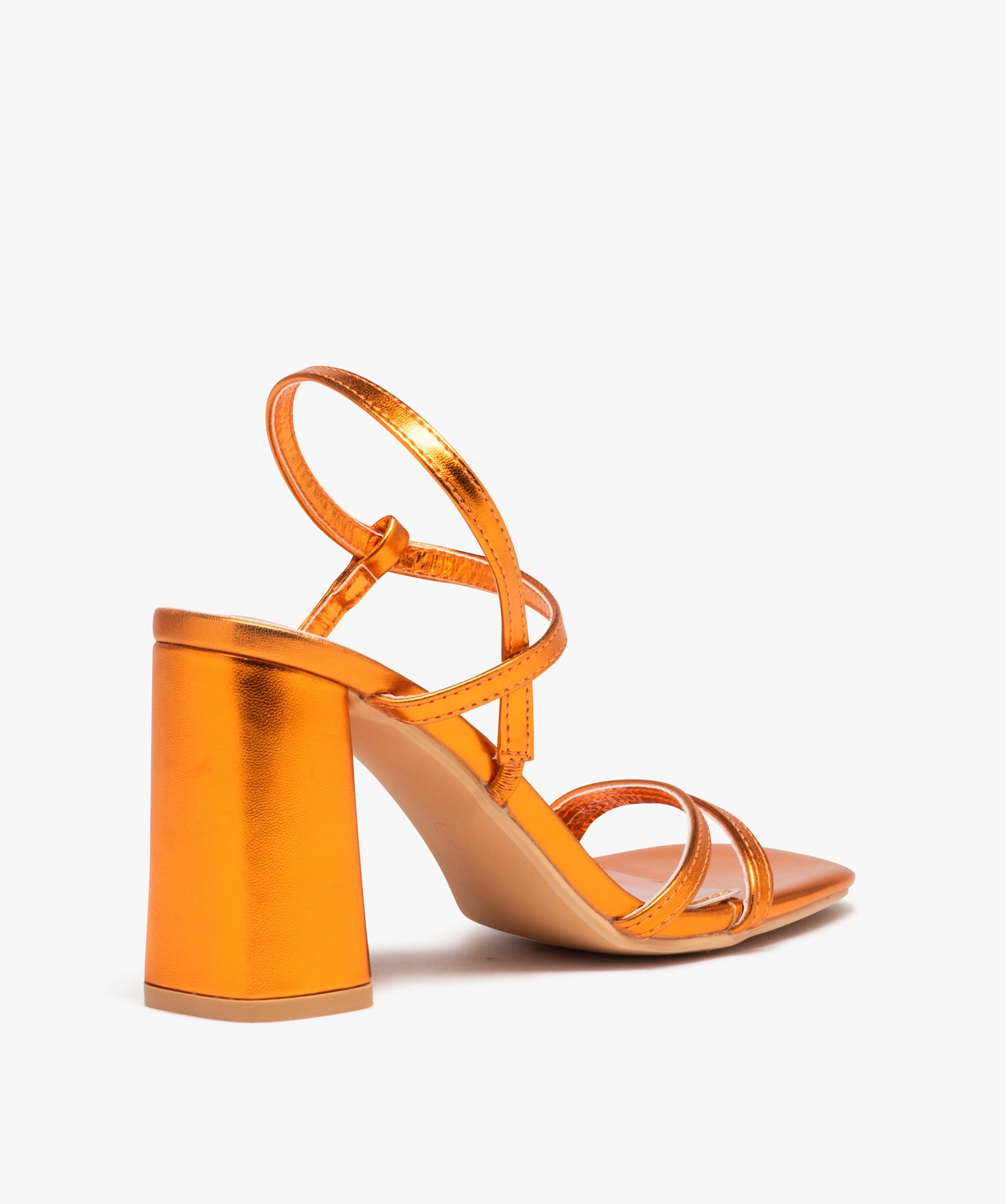 Sandales femme à talon carré et fines brides métallisées orange | GEMO