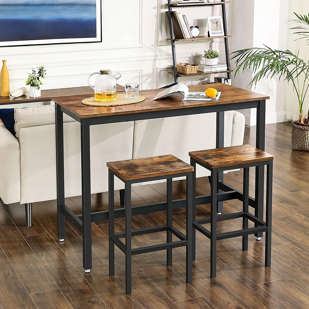 Vasagle Stehtisch-Set, 120x60x90cm/40x30x65cm, Rustikales Braun