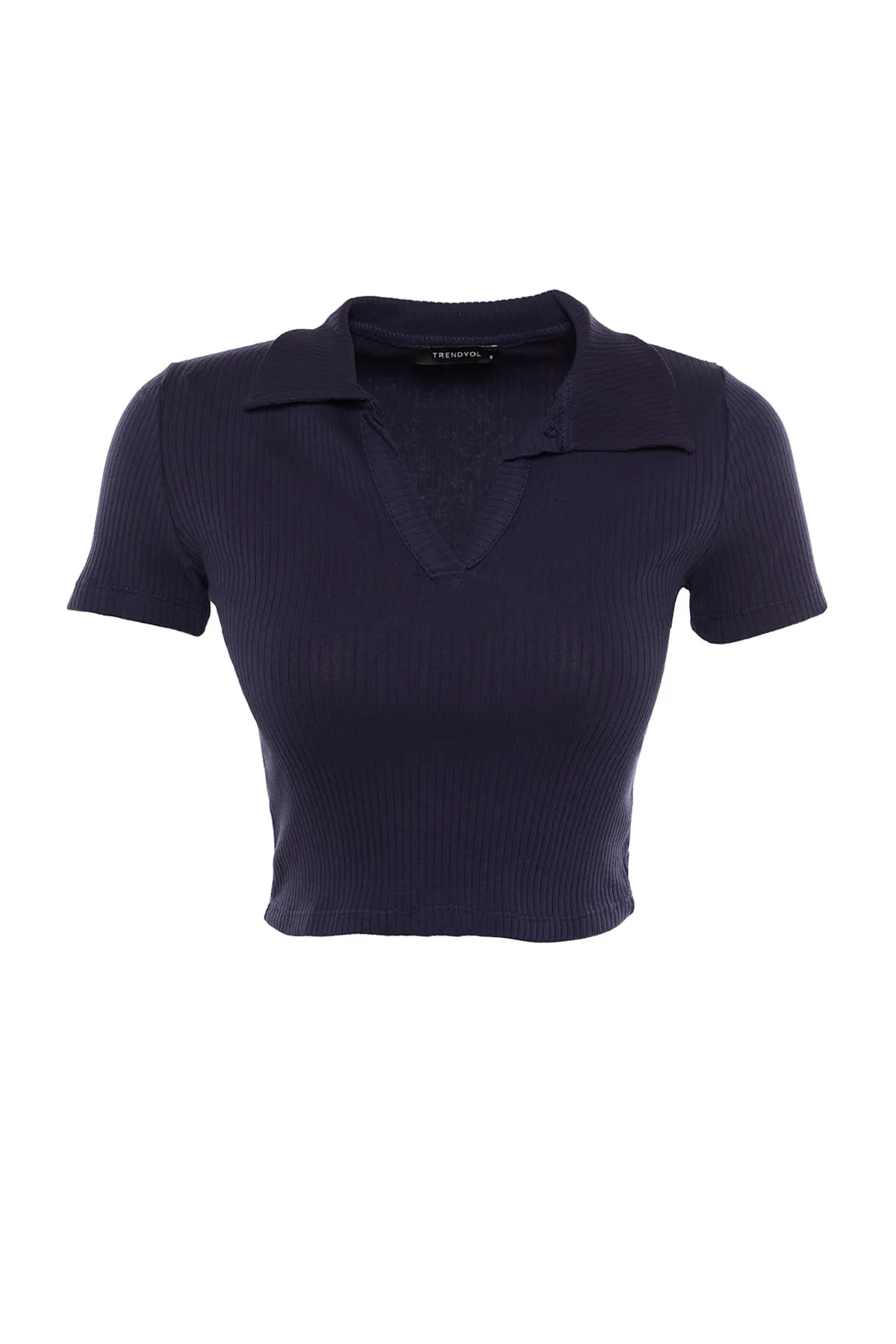 Trendyol Collection  Marineblaue, taillierte, kurze, gerippte, dehnbare Strickbluse mit Polokragen TWOSS21BZ0038