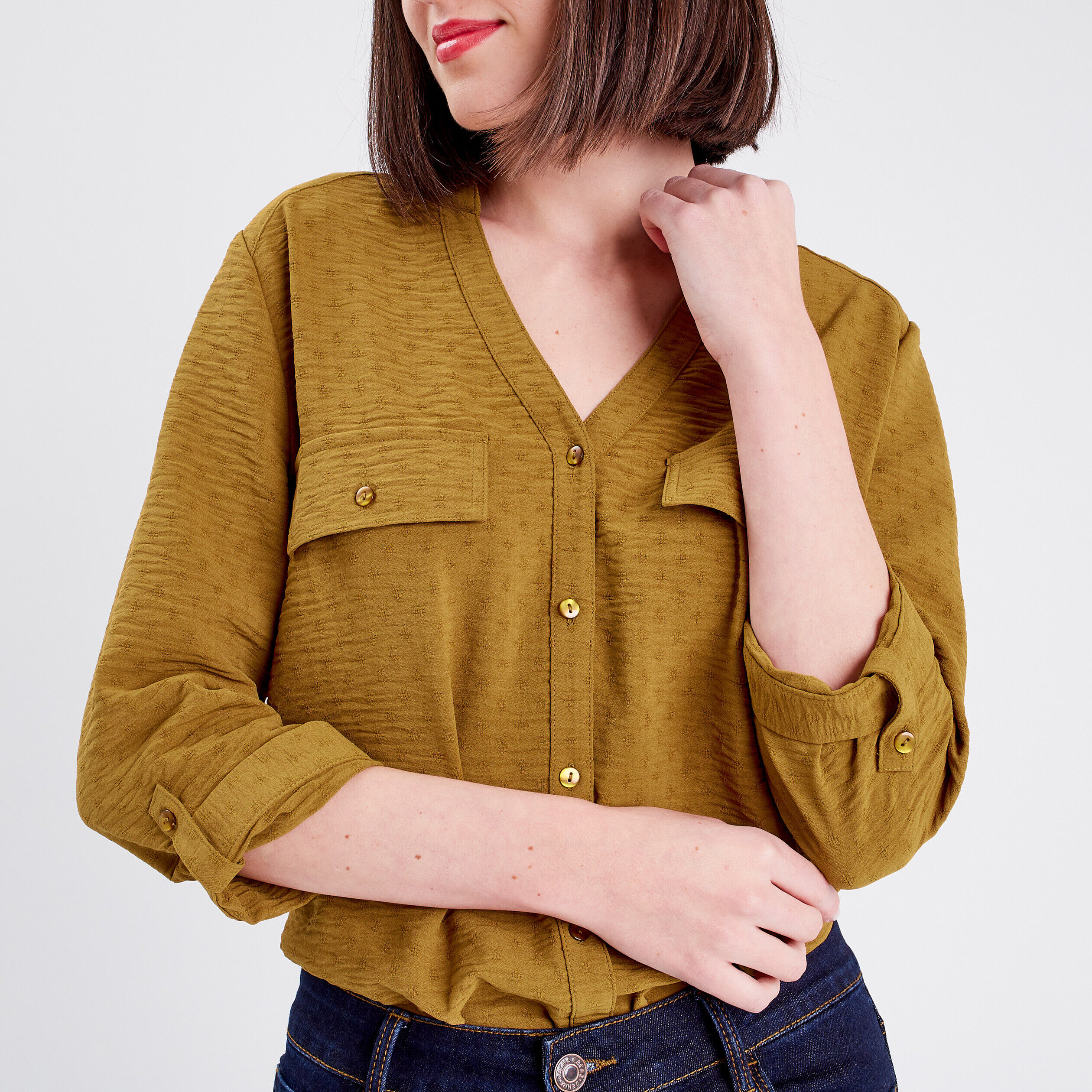 Chemise manches 3/4 vert olive femme | Cache Cache