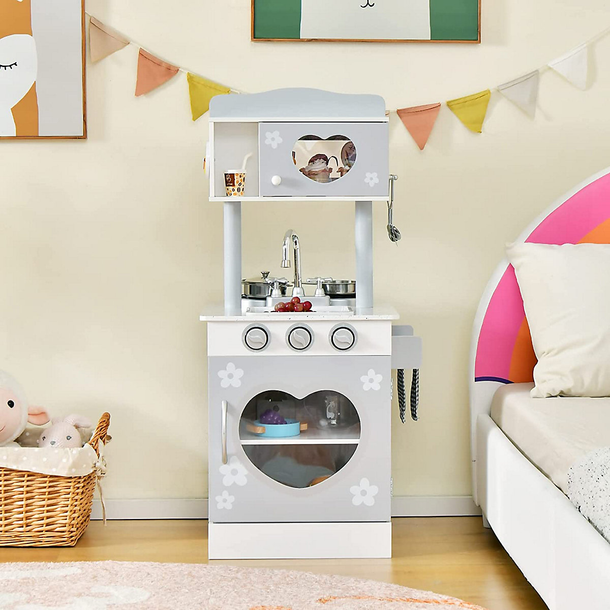 2 in 1 Spielküche Doppelseitig mit Lumpen, Töpfe, Tassen, Schaufeln