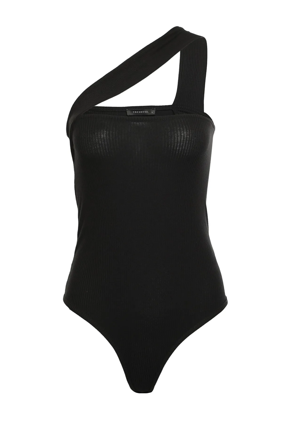 Trendyol Collection  Schwarzer gerippter, dehnbarer Strickbody mit Druckknöpfen und asymmetrischem Kragen TWOSS22BD00011