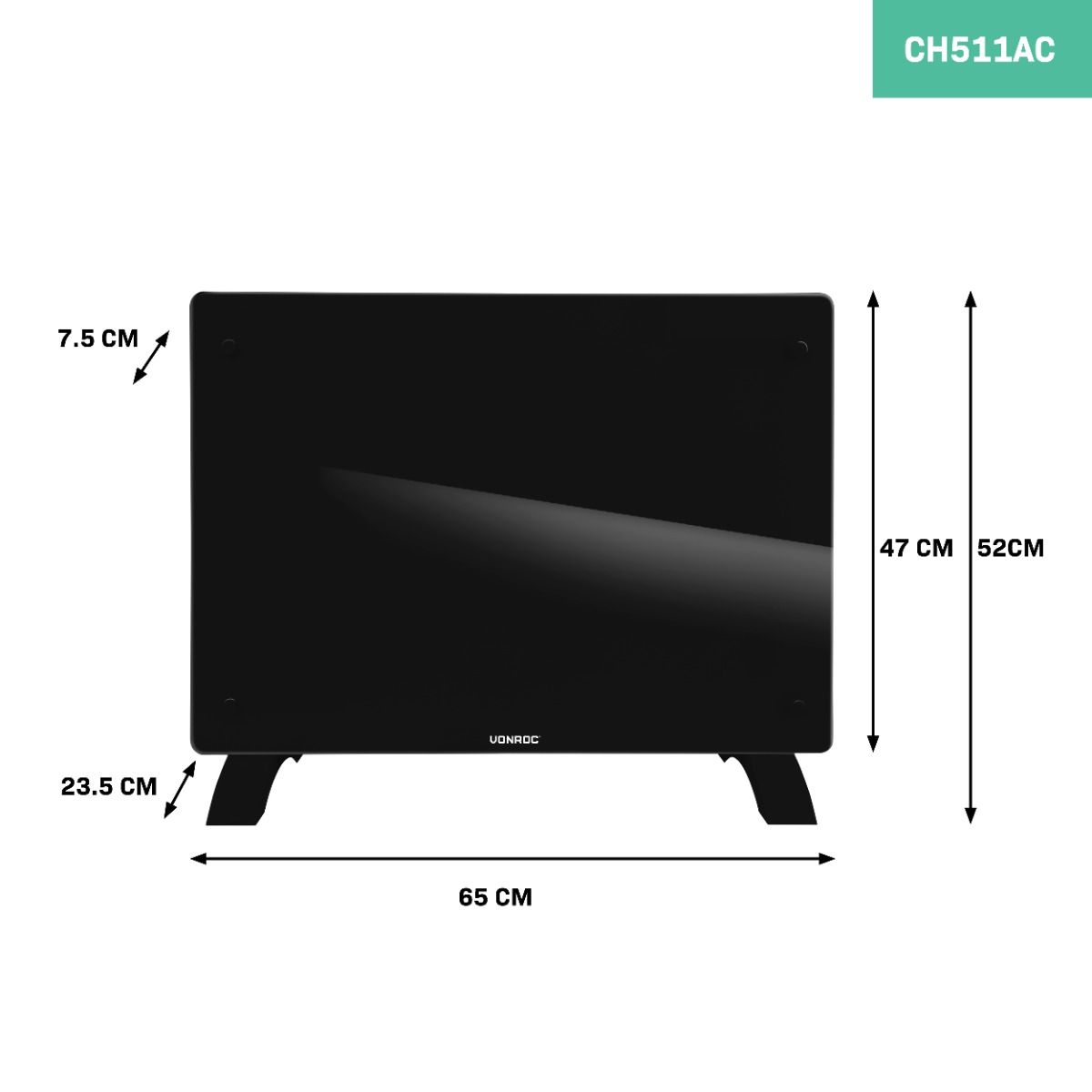 Vonroc 1500 watt Konvektorheizung mit Glasplatte