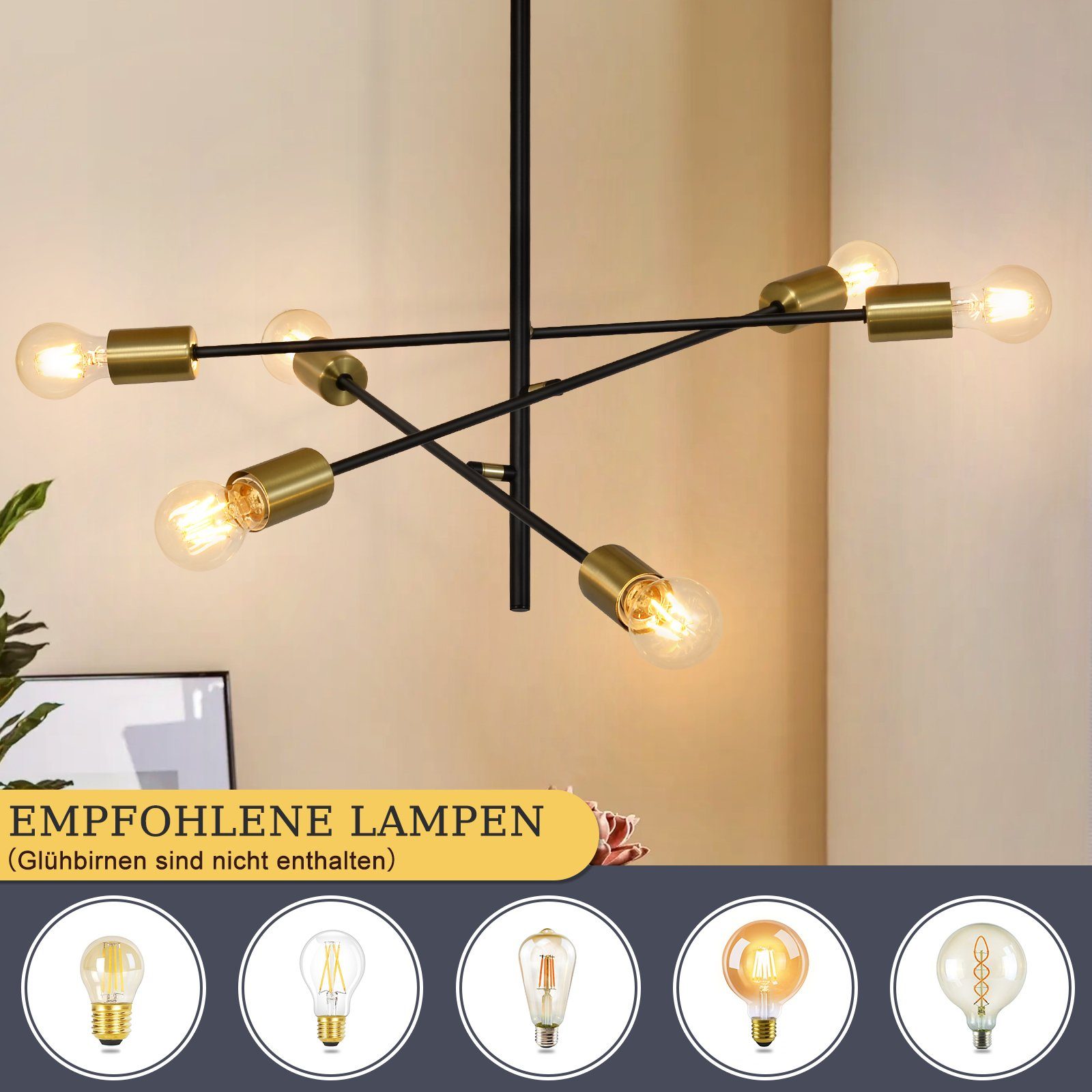 Nettlife Pendelleuchte Schwarz Esstisch mit 4/6 Flammig Hängelampe Vintage Hängeleuchte, Flexibler Lampenmast, ohne Leuchtmittel, für Wohnzimmer Esszimmer Schlafzimmer, 6 Flammig, E27