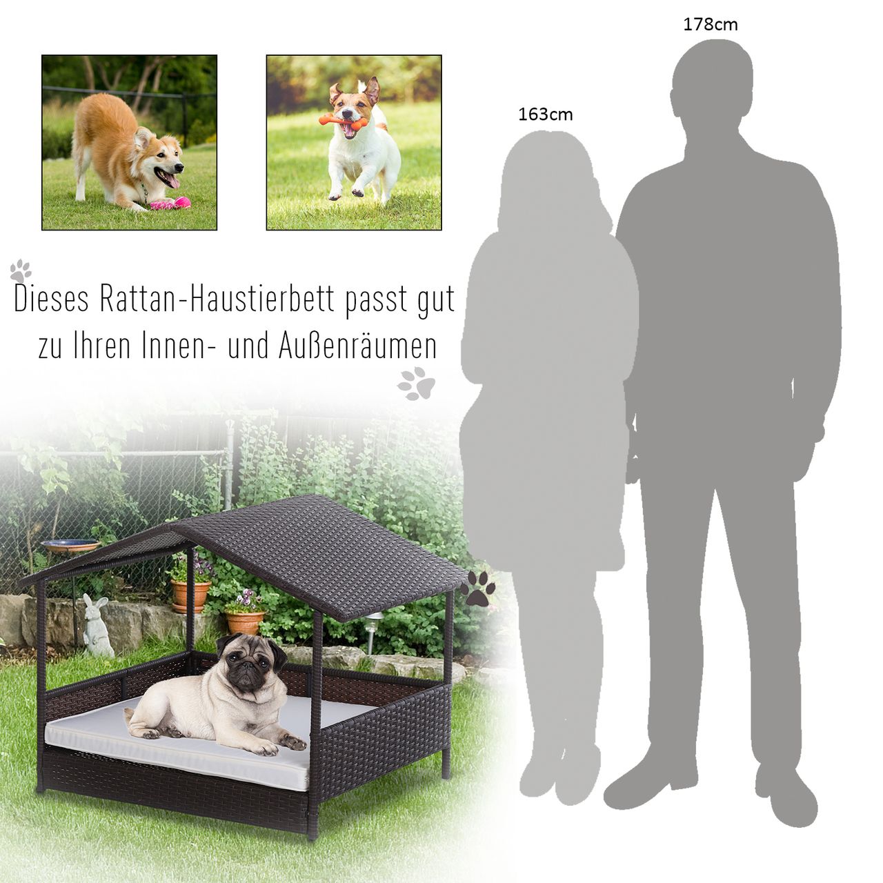 PawHut Rattan Hundehaus Hundebett Kissen Hausform Outdoor Hundehütte Stahl PP