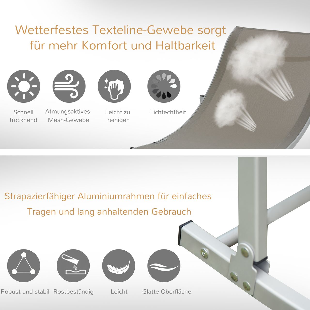 Outsunny 2er Set Sonnenliege Gartenliegen Stoffliege Relaxliege ergonomisch Aluminium Texteline Hellgrau 165 x 61 x 63 cm