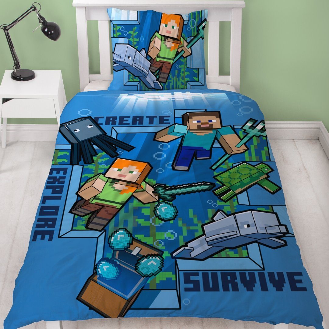 Bettwäsche Minecraft 135x200 + 80x80 cm, 100 % Baumwolle, MTOnlinehandel, Renforcé, 2 teilig, offiziell lizenzierte Kinder- und Jugendbettwäsche 