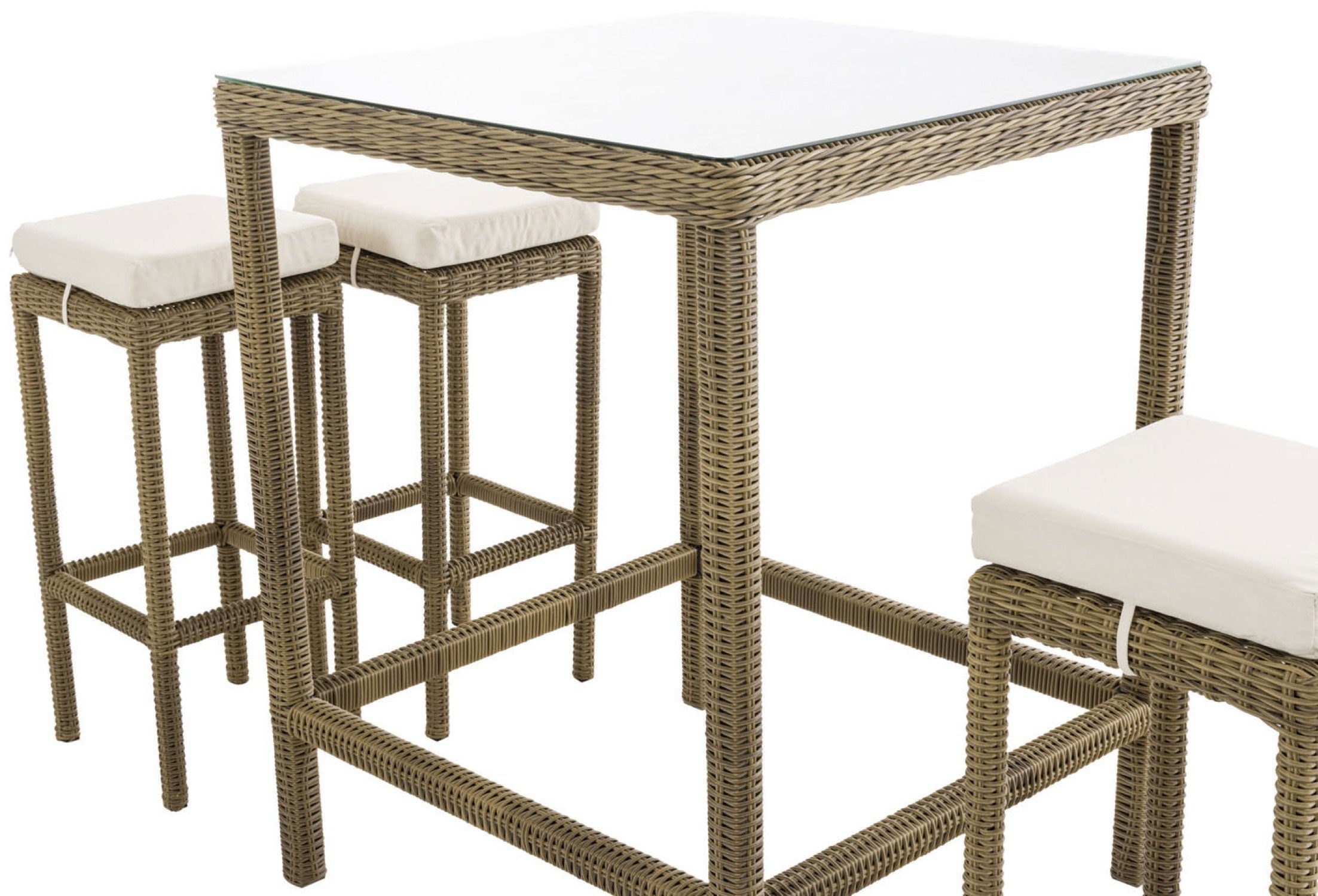 TPFGarden Gartenbar-Set Alina - aus 5mm Polyrattan und Aluminium-Gestell, (Stehtisch-Set mit 4 Hockern und Kunstlederauflagen, Gartenlounge-Set - wasserfest, pflegeleicht und UV-beständig), Maße (TxBxH): Tisch 84 x 84 x 110,5cm - Hocker 37 x 37 x 74,
