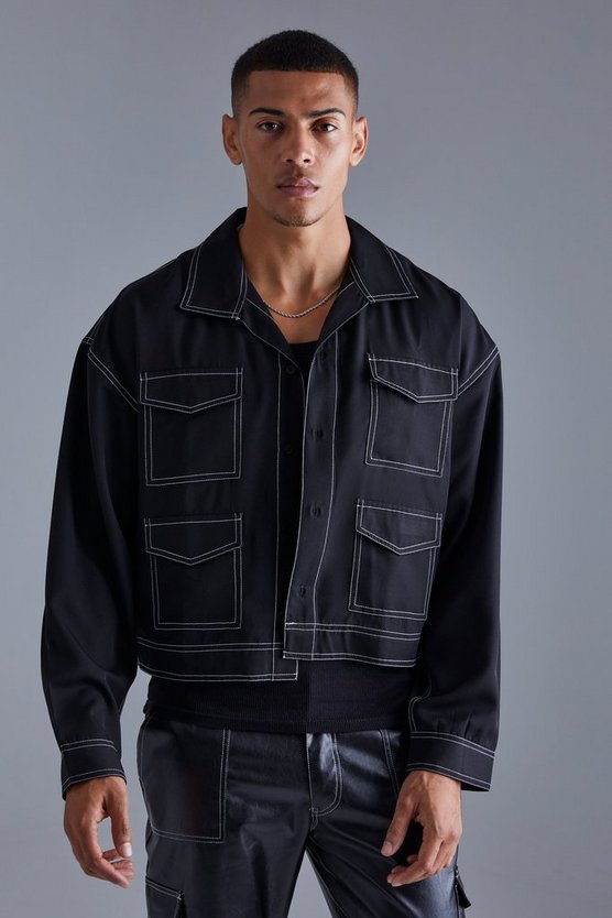 Langärmlige kastige Twill-Jacke mit Kontrast-Naht & Cargo-Hose