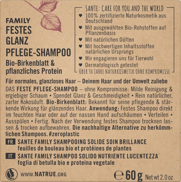 Sante FAMILY Festes Glanz Pflege-Shampoo Bio-Birkenblatt & pflanzliches Protein Festes Shampoo