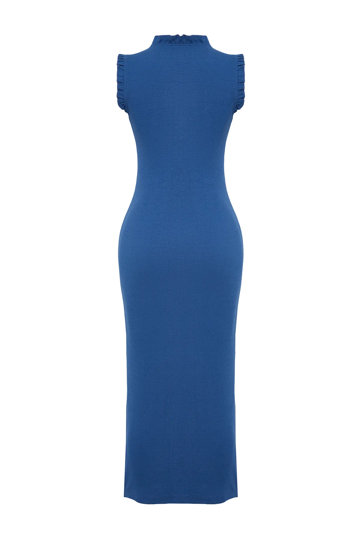 Trendyol Collection  Indigoblaues, geripptes, tailliertes Midi-Bleistiftkleid aus flexiblem Strick mit Rüschendetail TWOSS22EL1569