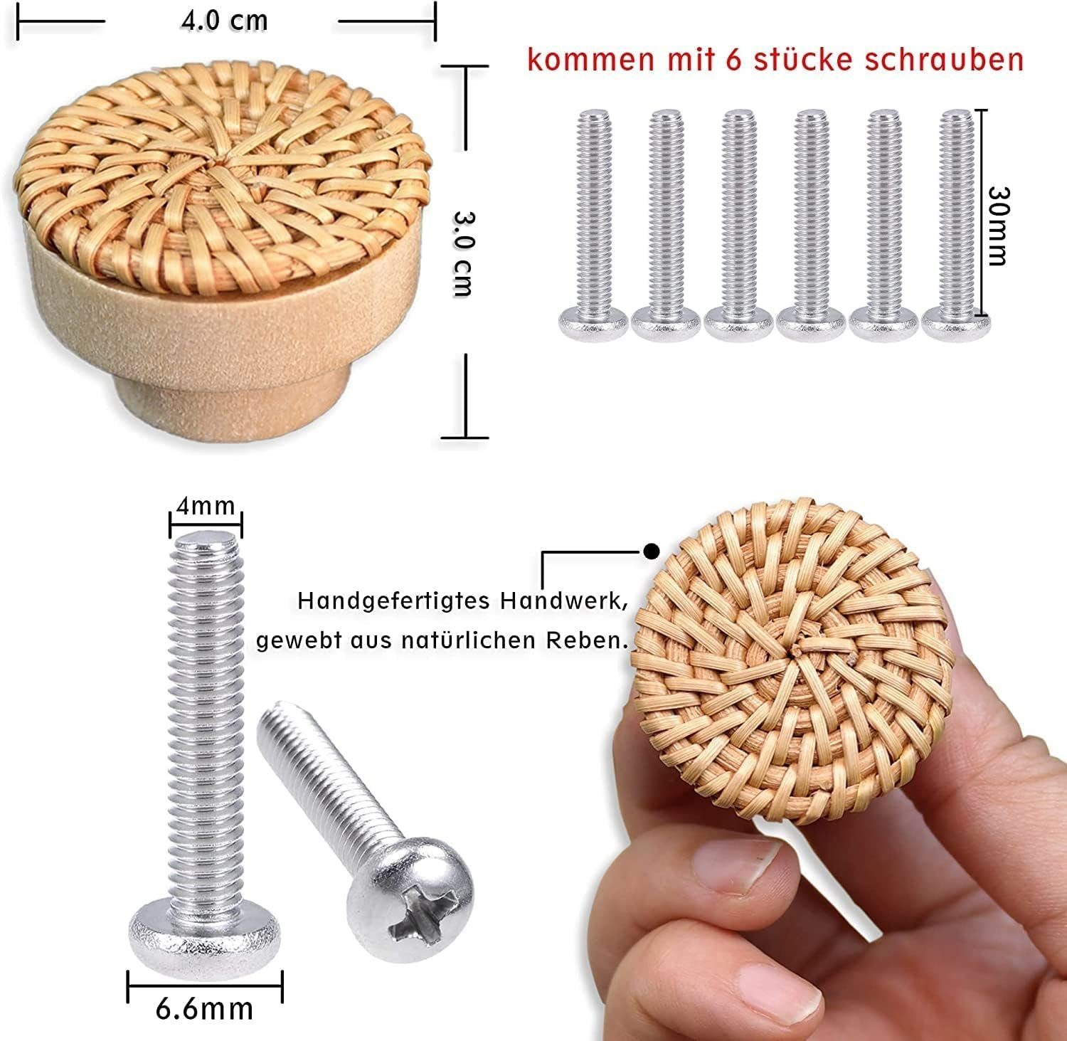autolock Türgriff Rattan Möbelknöpfe Schrankknöpfe Schränke Möbelknöpfe 40mm, 6-tlg.