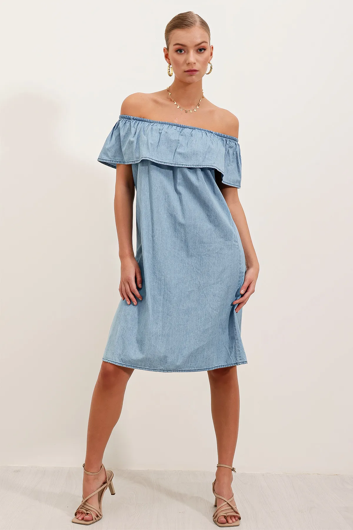 Bigdart  1481 Schulterfreies Jeanskleid – Hellblau