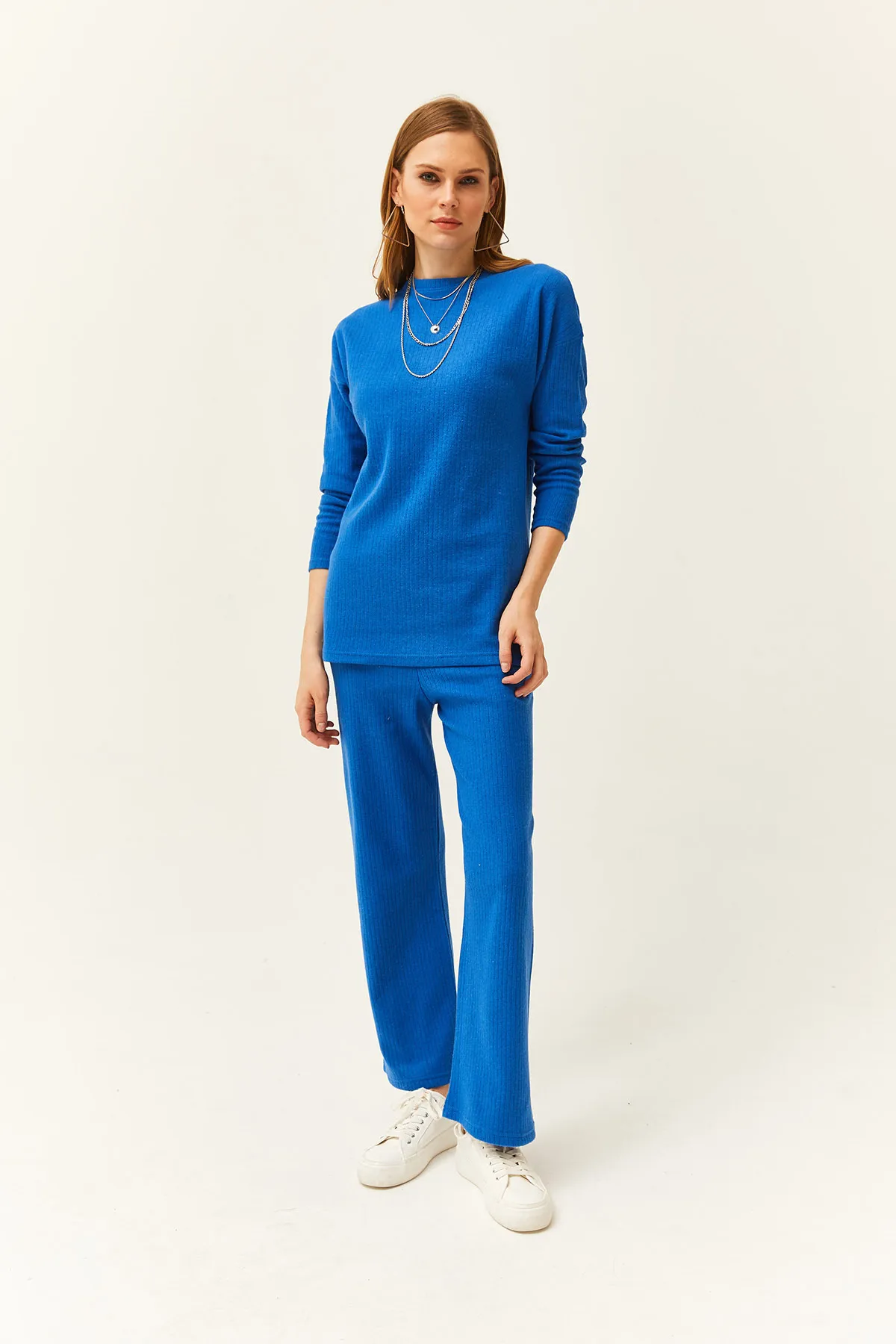 Olalook  Damen Saks Blau Unterteil Top Erhöhtes Geripptes Dickes Team TKM-19000242