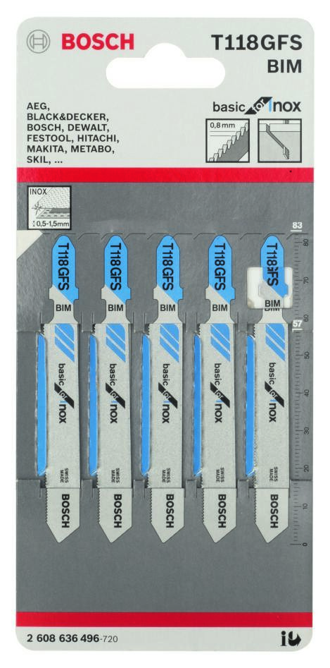 Bosch Blue Zubehör 2608636496 T118GFS Stichsägeblätter T-Schaft, 5 Stück, Edelstahl