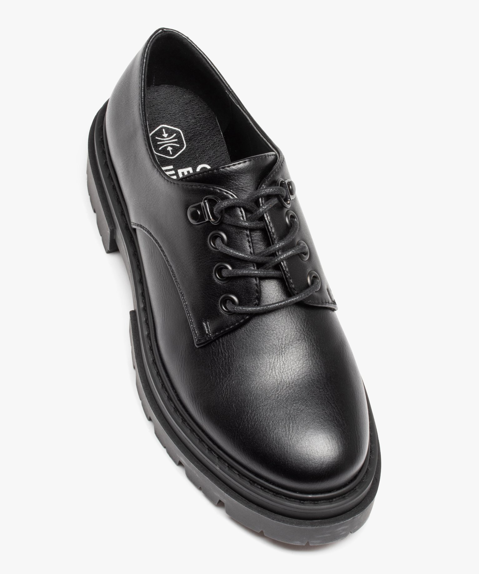Derbies femme unis à semelle épaisse crantée et lacets ronds noir | GEMO