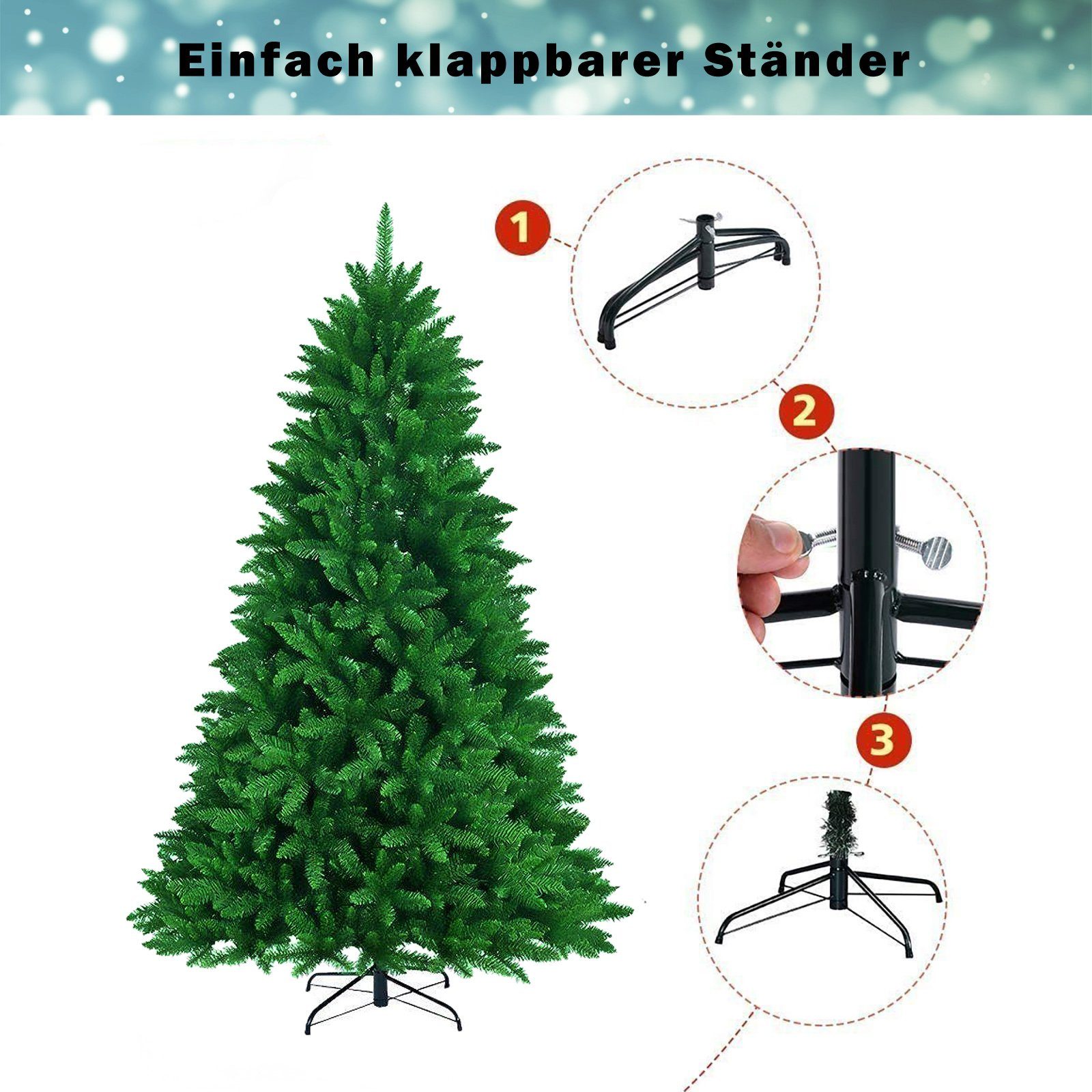 TAB Künstlicher Weihnachtsbaum Tannenbaum mit 100% neu PVC, Künstlicher Christbaum, 180 cm mit 1300 PVC Spitzen und Metallständer, Kein Geruch mit Umweltverträgliche Materialien