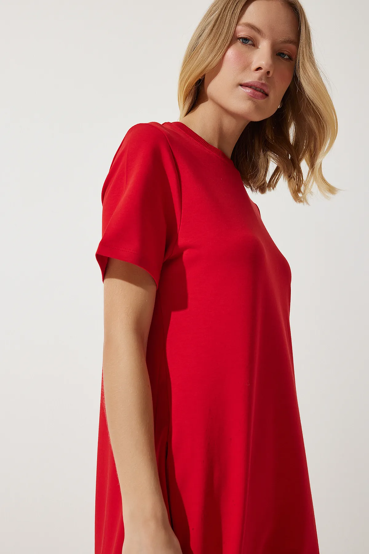 Happiness İstanbul  Rotes A-Linien-Sommerkleid für Damen aus gekämmter Baumwolle UB00060