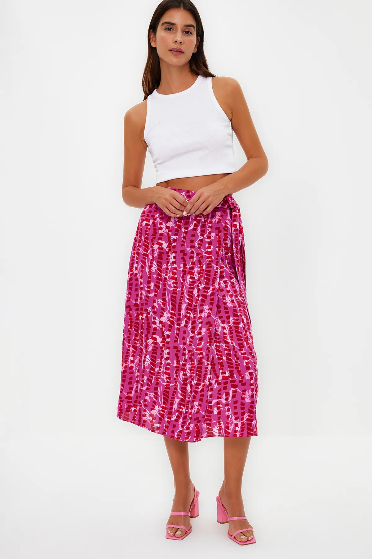 Trendyol Collection  Lila gemusterter Midirock aus Viskosestoff – Zweireihig, gewebt, TWOSS23ET00294