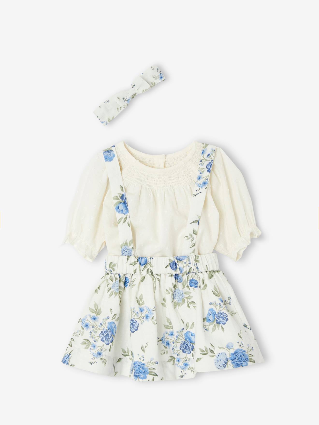 Vertbaudet Mädchen Baby-Set: Bluse, Trägerrock & Haarband - wollweiß