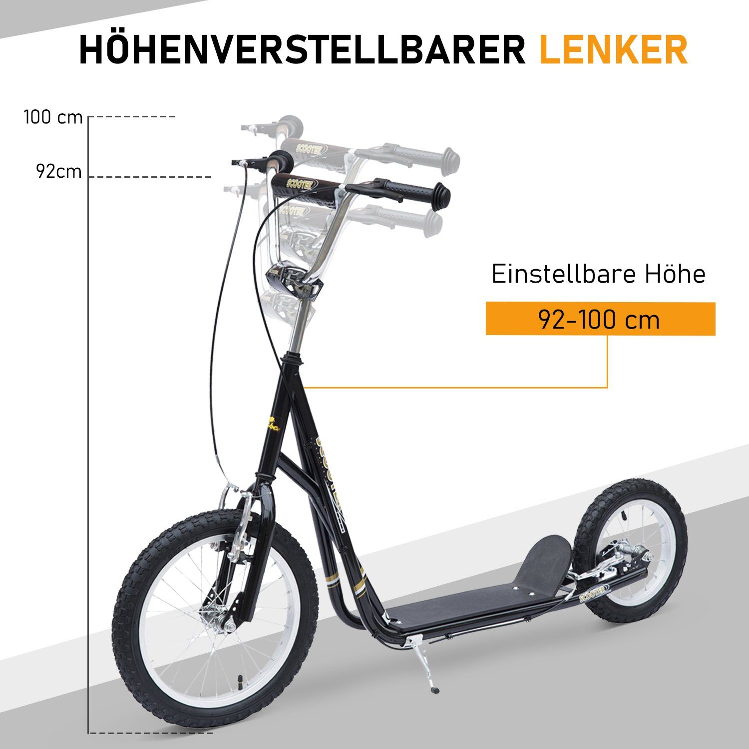 HOMCOM Scooter Kinderroller Scooter Tretroller mit Bremsen für 5+Jahre Kinder Schwarz, (1 tlg), L135 x B58 x H92-100 cm