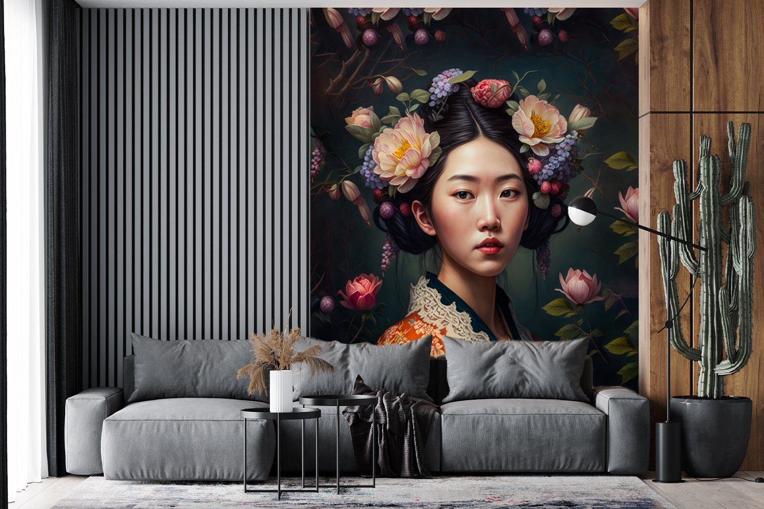 MuchoWow Fototapete Frau - Blumen - Kimono - Porträt - Asiatisch, Matt, bedruckt, (4 St), Montagefertig Vinyl Tapete für Wohnzimmer, Wandtapete