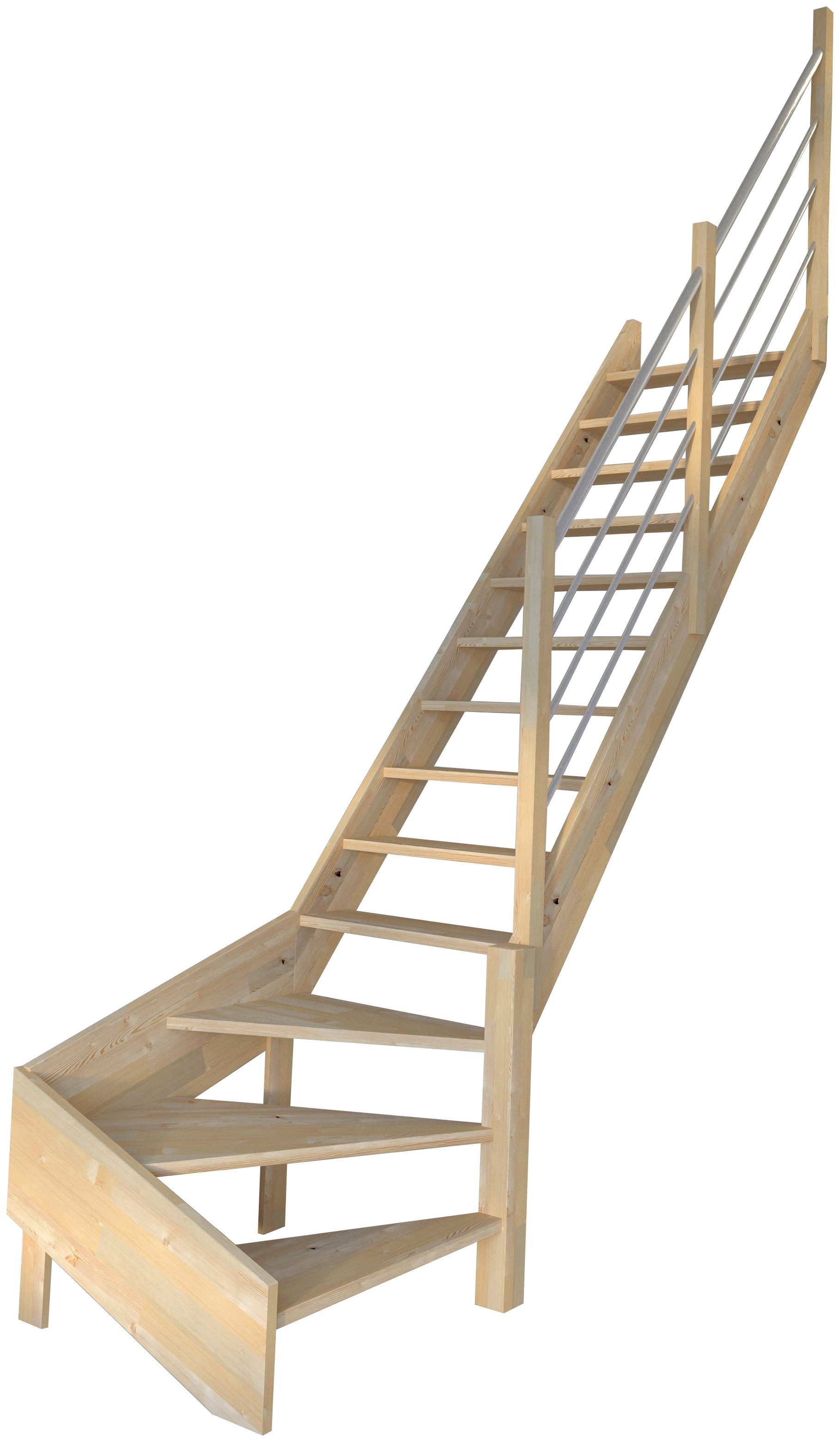 Starwood Raumspartreppe Massivholz Korfu, mit Holz-Edelstahl, für Geschosshöhen bis 300 cm, Stufen offen, gewendelt Rechts, Durchgehende Wangenteile