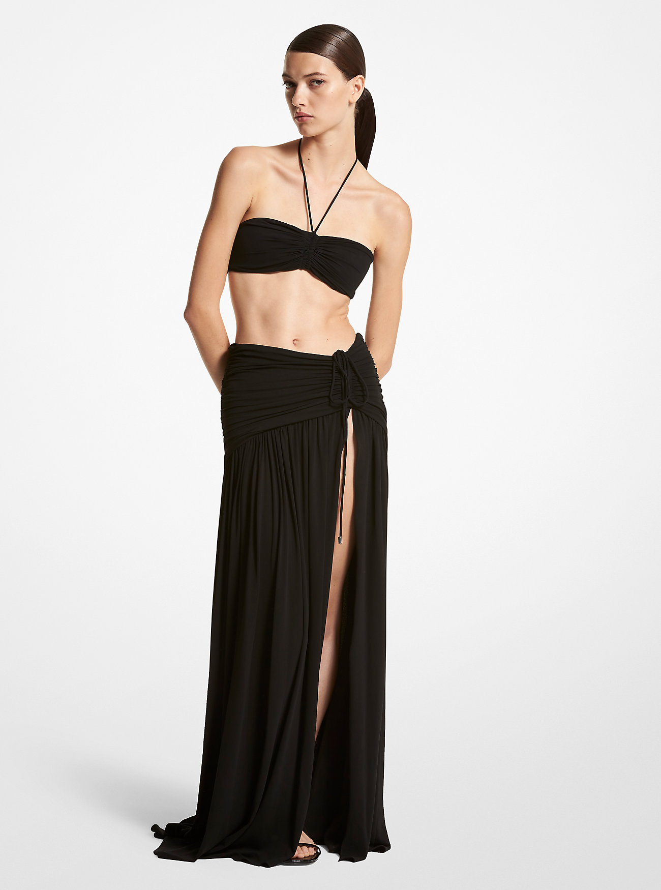 Gonna con spacco in jersey elasticizzato opaco - NERO
