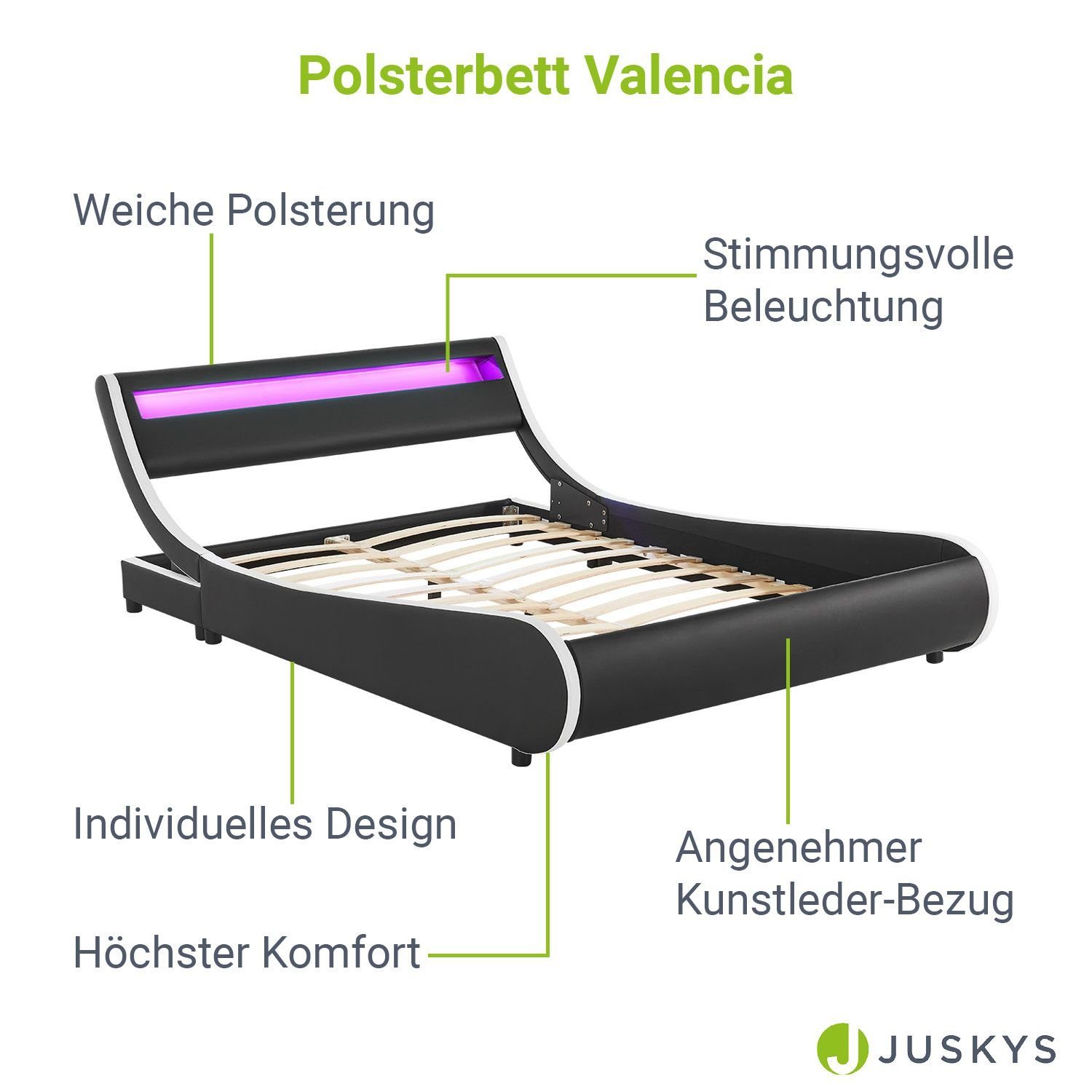 Juskys Polsterbett Valencia, 140 x 200 cm, Doppelbett mit Lattenrost, LED-Beleuchtung und Fernbedienung