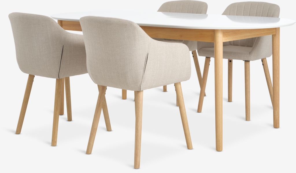 MARSTRAND ADSLEV MARSTRAND L200/280 bord hvit 4 ADSLEV stol beige