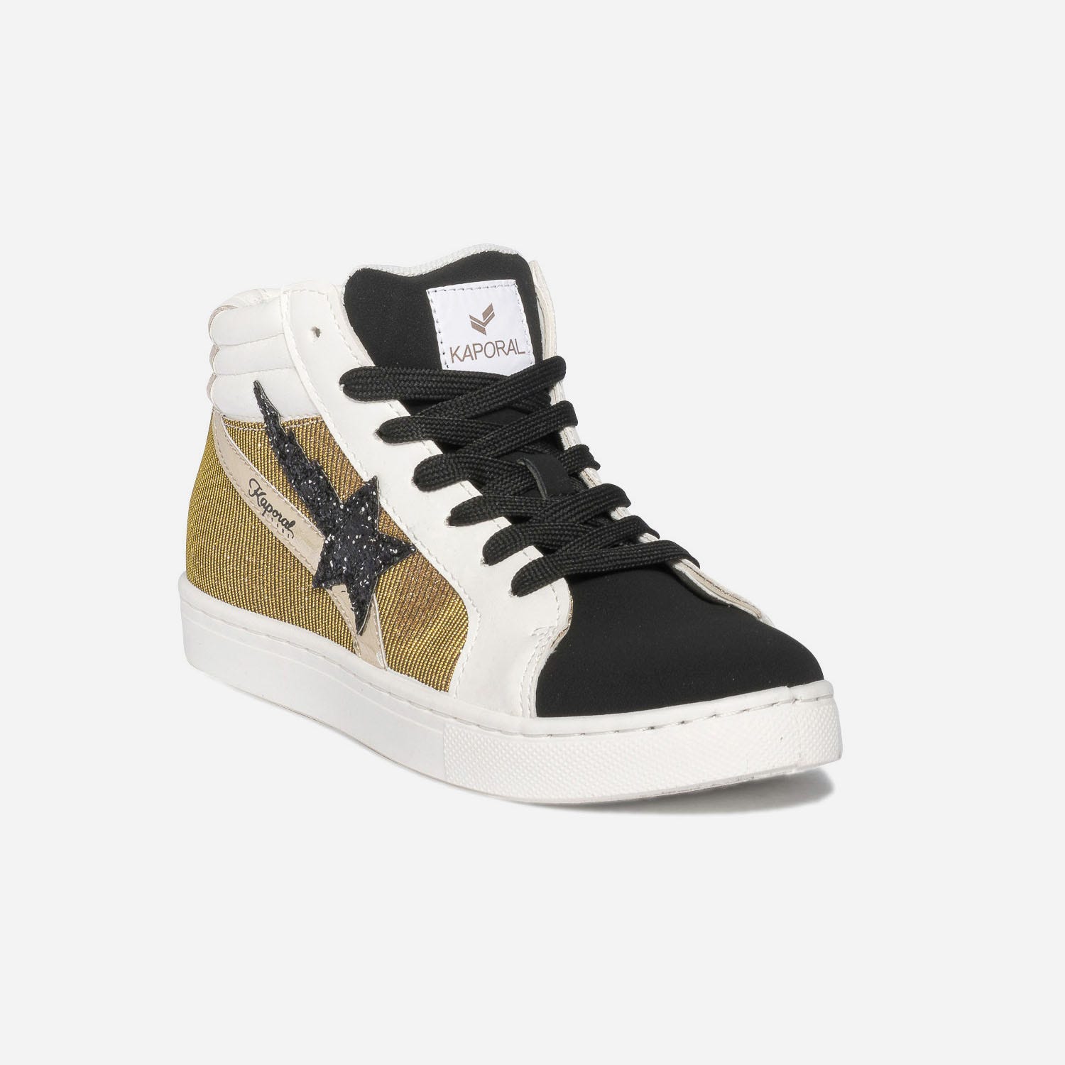 Basket KAPORAL noire, blanche et mesh doré