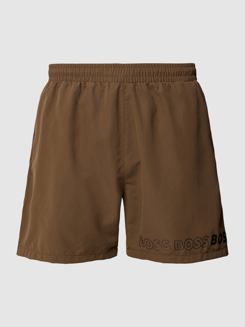 Badehose mit Label-Print Modell 'Dolphin' in olivgrün
