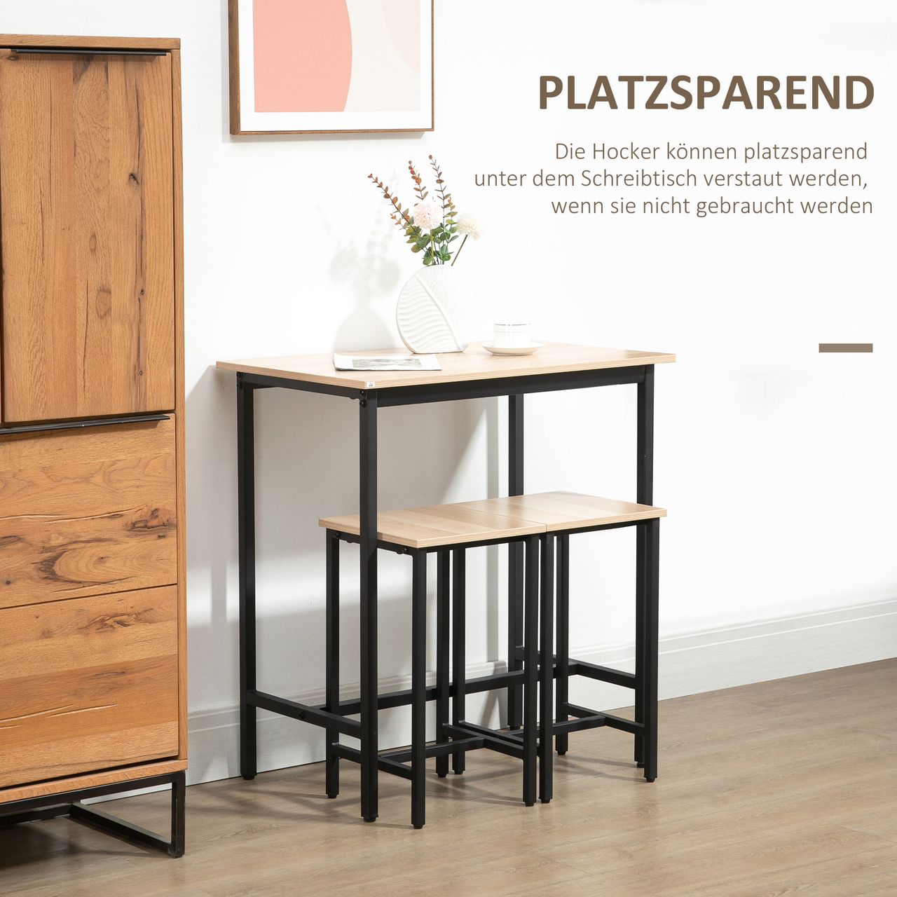 HOMCOM 3-teilig Esszimmergruppe Bartisch mit 2 Stühlen Spanplatte Naturholz