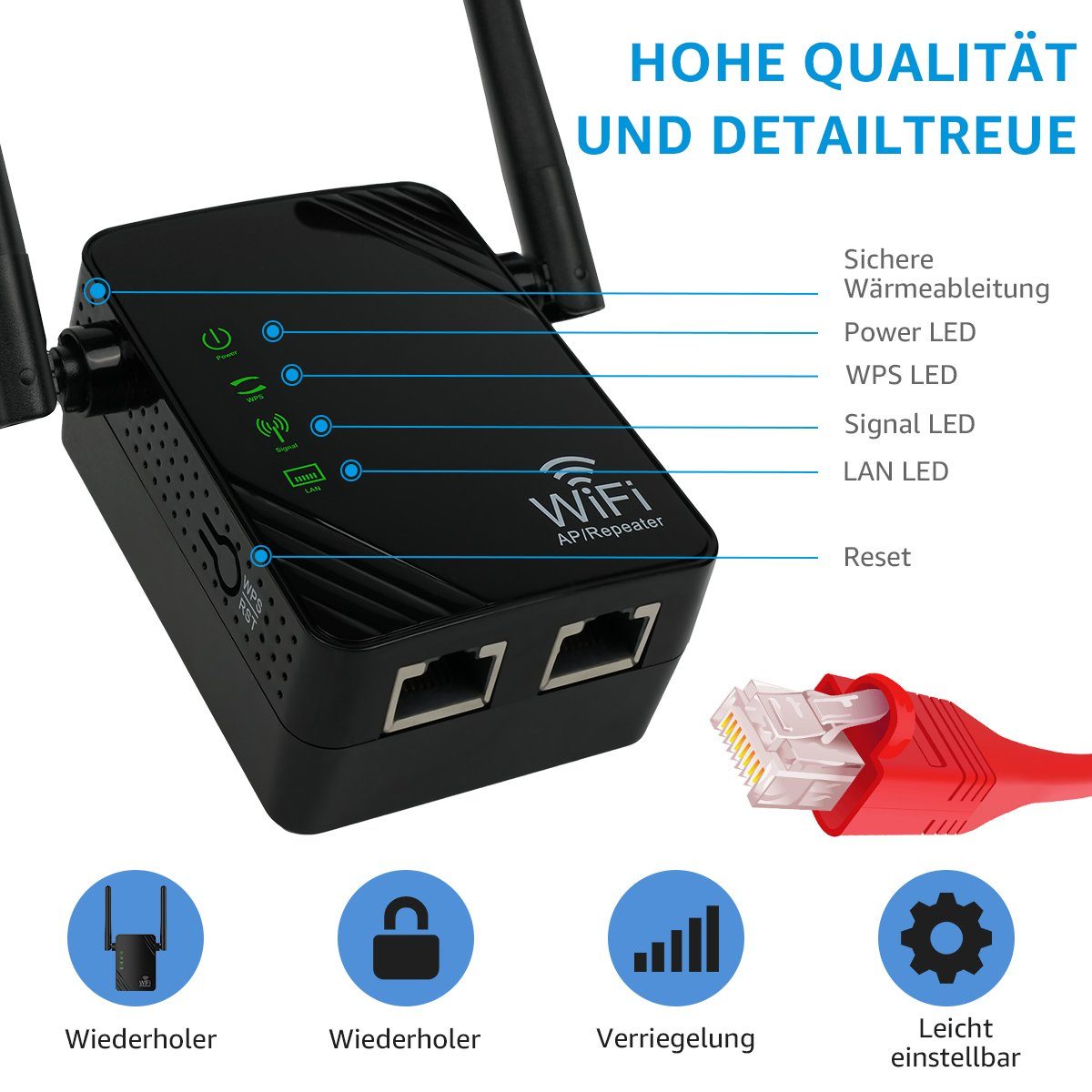LifeImpree WLAN Repeater mit LAN Anschluss, WLAN Verstärker, WLAN Netzwerk Geräte WLAN-Repeater, 300Mbit/s, 2.4G, 100 m² WLAN Abdeckung, Kann 24 Geräte gleichzeitig verbinden