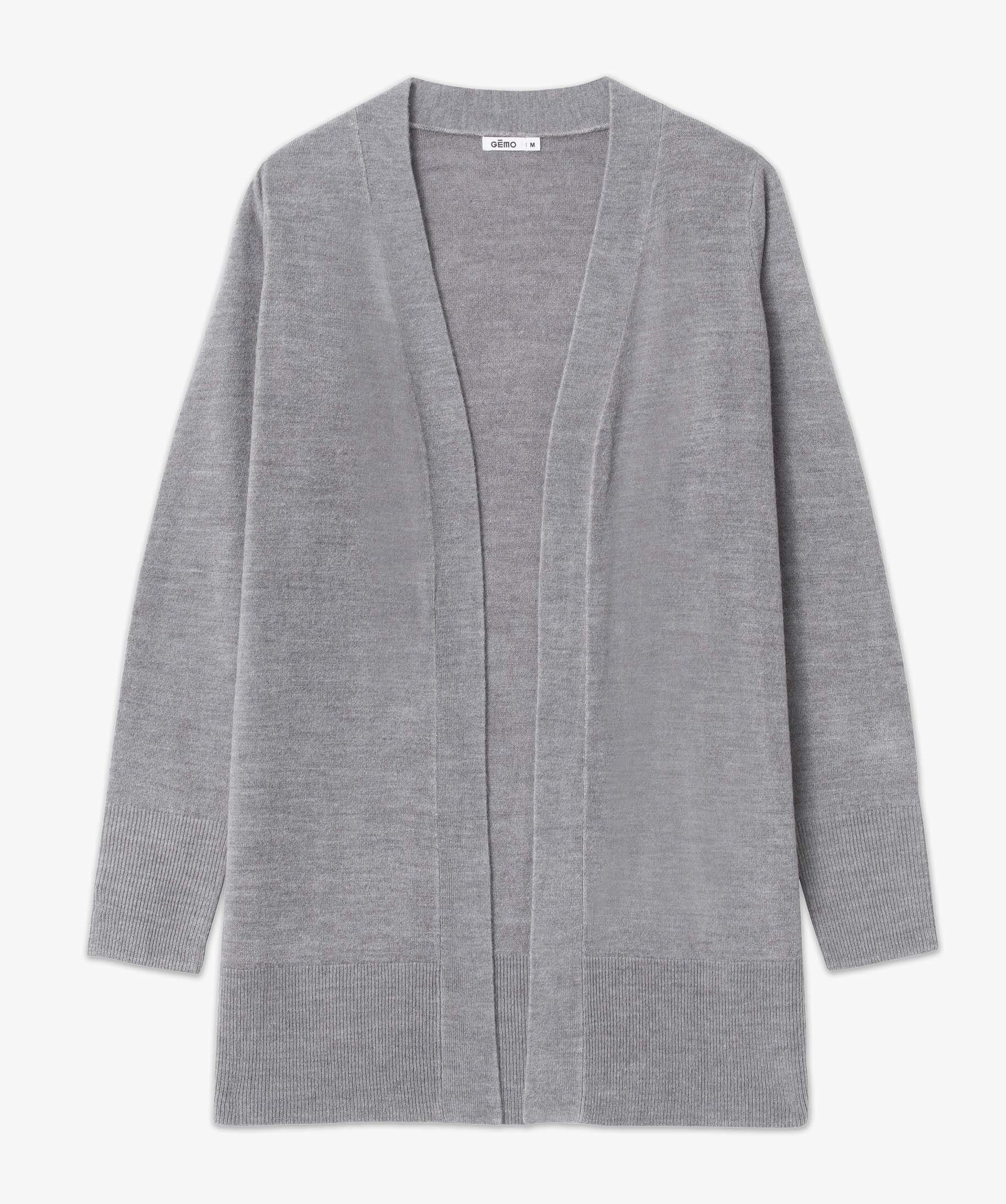 Gilet long en maille fine porté ouvert femme gris | GEMO