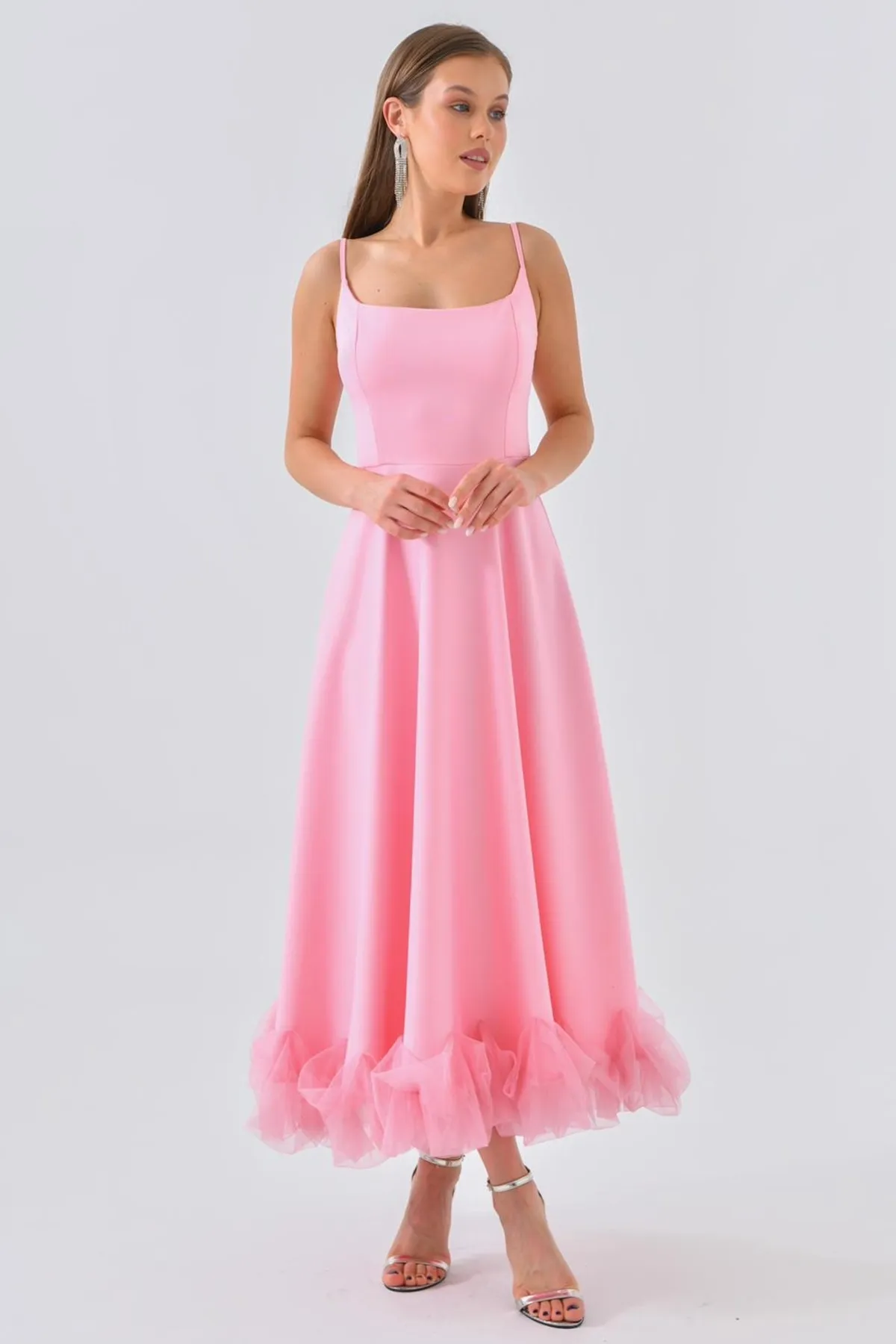 lovebox  Ausgestellter Rock aus Baumwollatlasgewebe mit dünnen Trägern und Tülldetail, mittellanges rosa Abendkleid 9326