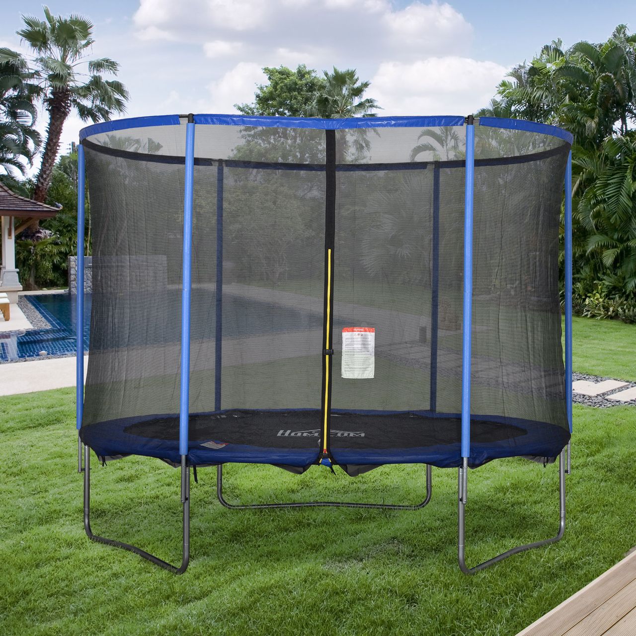 HOMCOM Trampolin mit Sicherheitsnetz Gartentrampolin für Innen- und Außenbereich Blau Schwarz bis 113,6 kg Ø305 x 248H cm