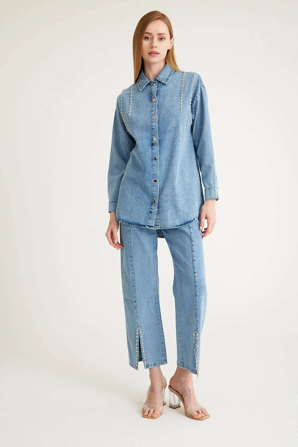 Olcay  Set aus Tunika und Hose aus Denim mit Steindetail - BLAU 9227-YTK