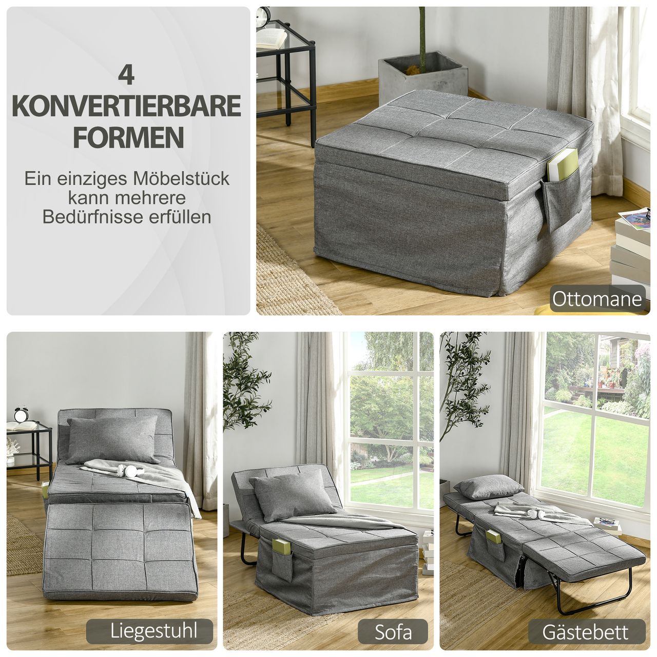 HOMCOM 4-in-1 Einzelbett Klappbett Gästebett klappbare Reisebett Sessel Ottomane mit 8 cm Matratze 5-Stufen Höhenverstellbar mit stabilem Stahlrahmen Grau 188 x 75 x 38 cm…