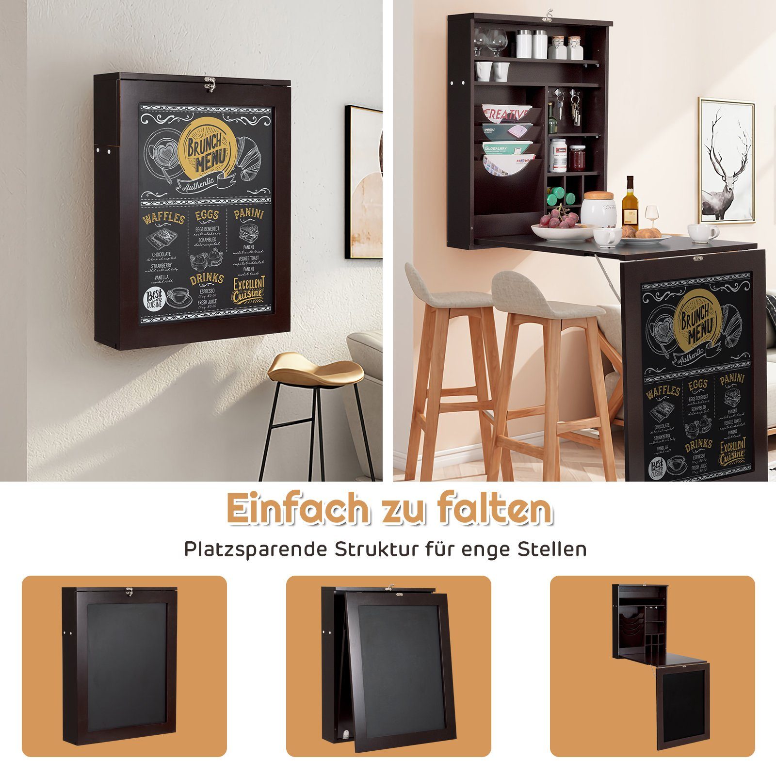 COSTWAY Klapptisch, Küche, Wand, Esstisch, mit Tafel, 87x60x150cm