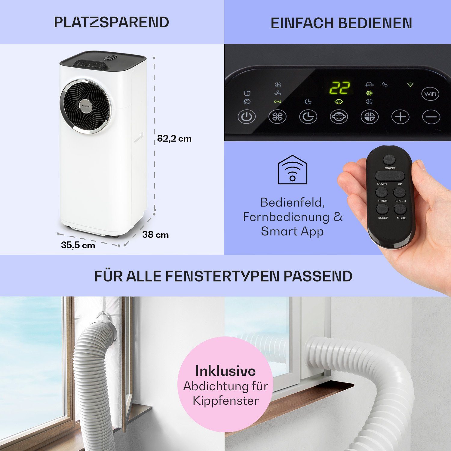 Klarstein Klimagerät Kraftwerk Smart, Klimagerät mobil Air Conditioner Kühlgerät Luftkühler